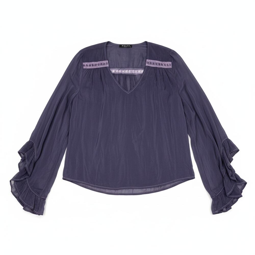 Maven West Blue V-Neck Ruffle Sleeve Shirt Size Small